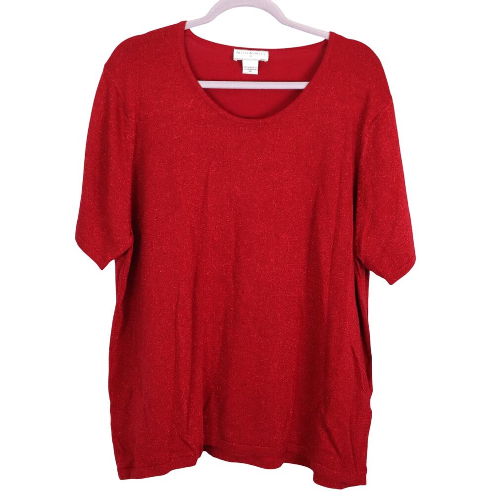 NWT Allison Daley Red Short Sleeve Sweater Blouse Glitter Sparkle Scoop Plus 3X